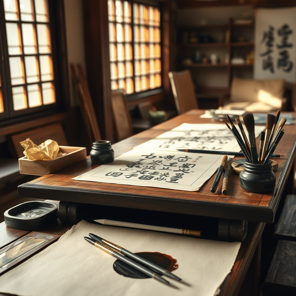 Taller de caligrafía tradicional con pinceles, tinta china y papel de arroz sobre mesa de madera, ambiente cálido con luz natural