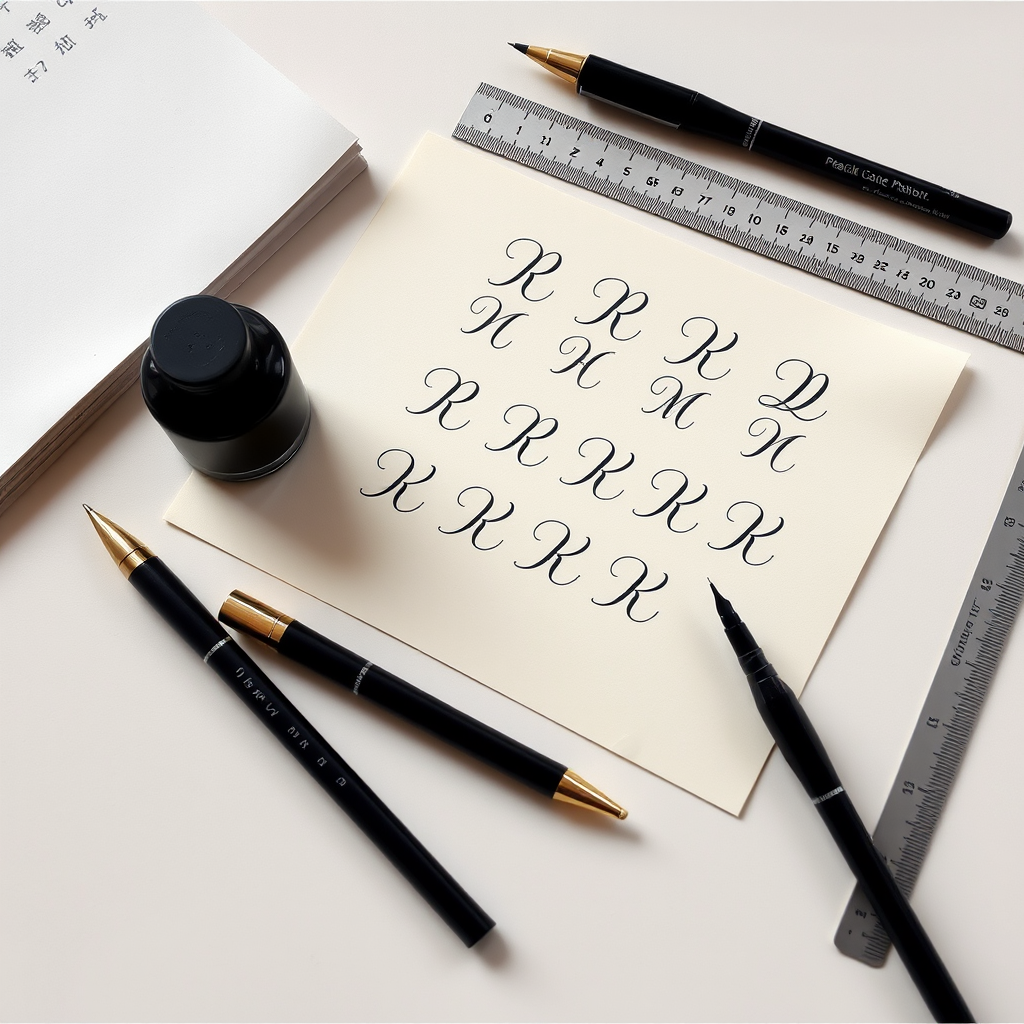 Mesa de trabajo con plumas caligráficas, tinta negra, papel de práctica con ejercicios básicos de letras, regla y postura correcta de mano escribiendo