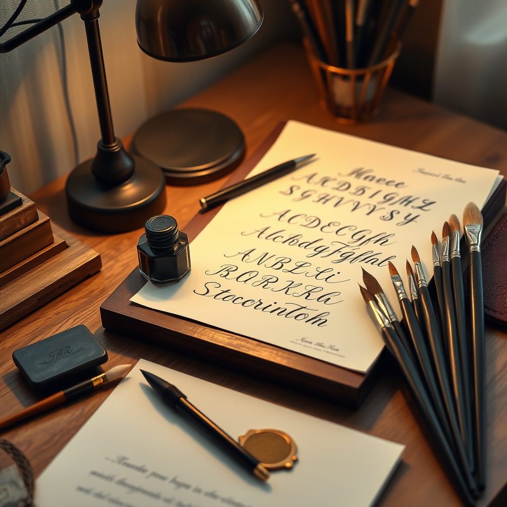 Mesa de trabajo de caligrafía con plumas, tinta negra, papel de práctica con letras elegantes, pinceles de diferentes tamaños y una lámpara de escritorio creando una atmósfera cálida y acogedora para el aprendizaje en casa