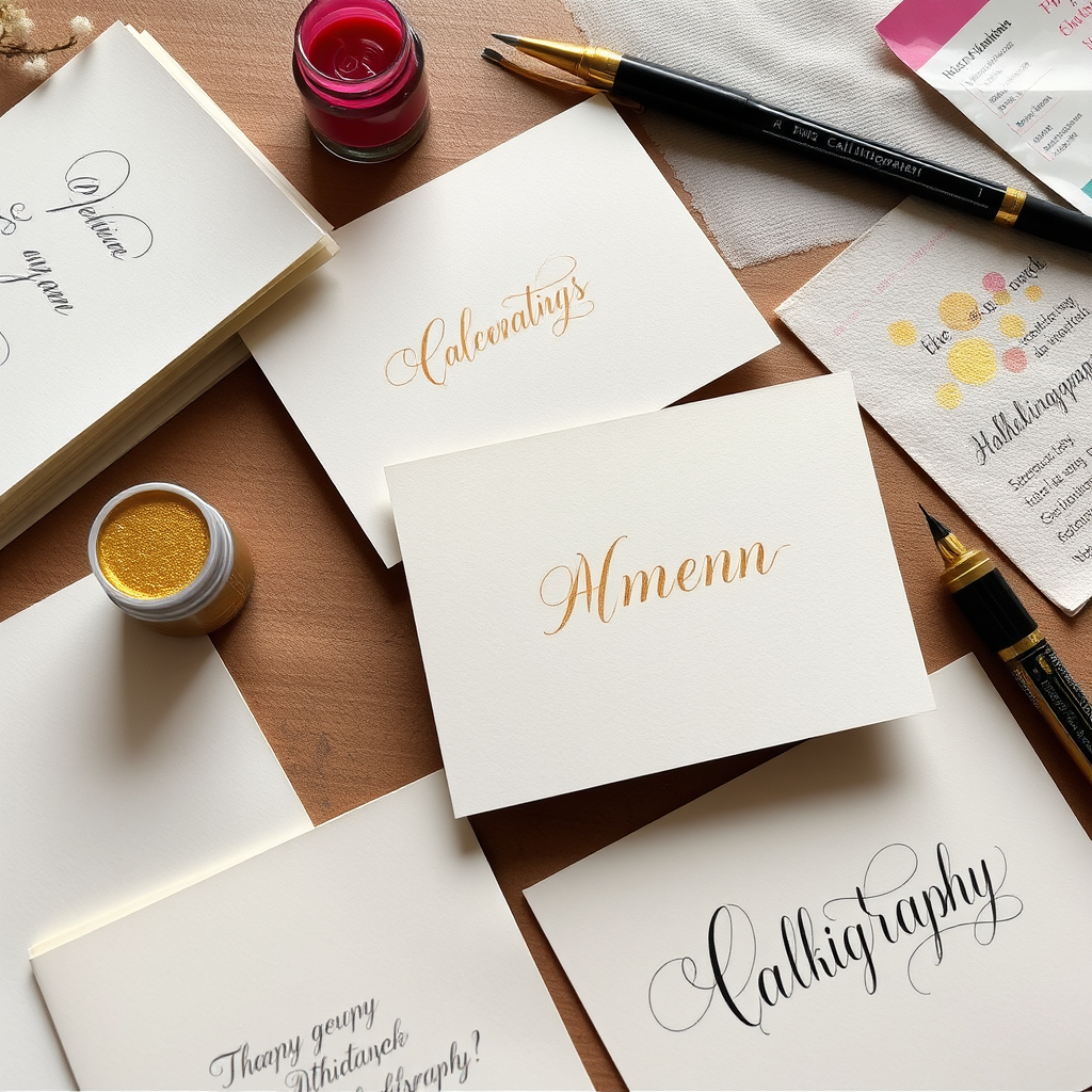 Mesa de trabajo con tarjetas artesanales hechas a mano, plumas de caligrafía, tintas de colores dorados y rosados, papel texturizado, y ejemplos de caligrafía moderna con flourishes decorativos