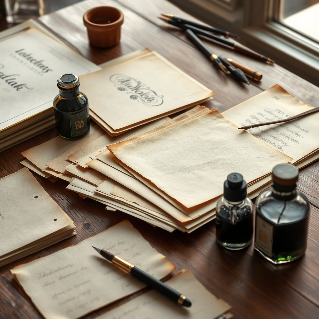 Colección elegante de papeles artesanales, plumas caligráficas y frascos de tinta sobre mesa de madera con luz natural suave