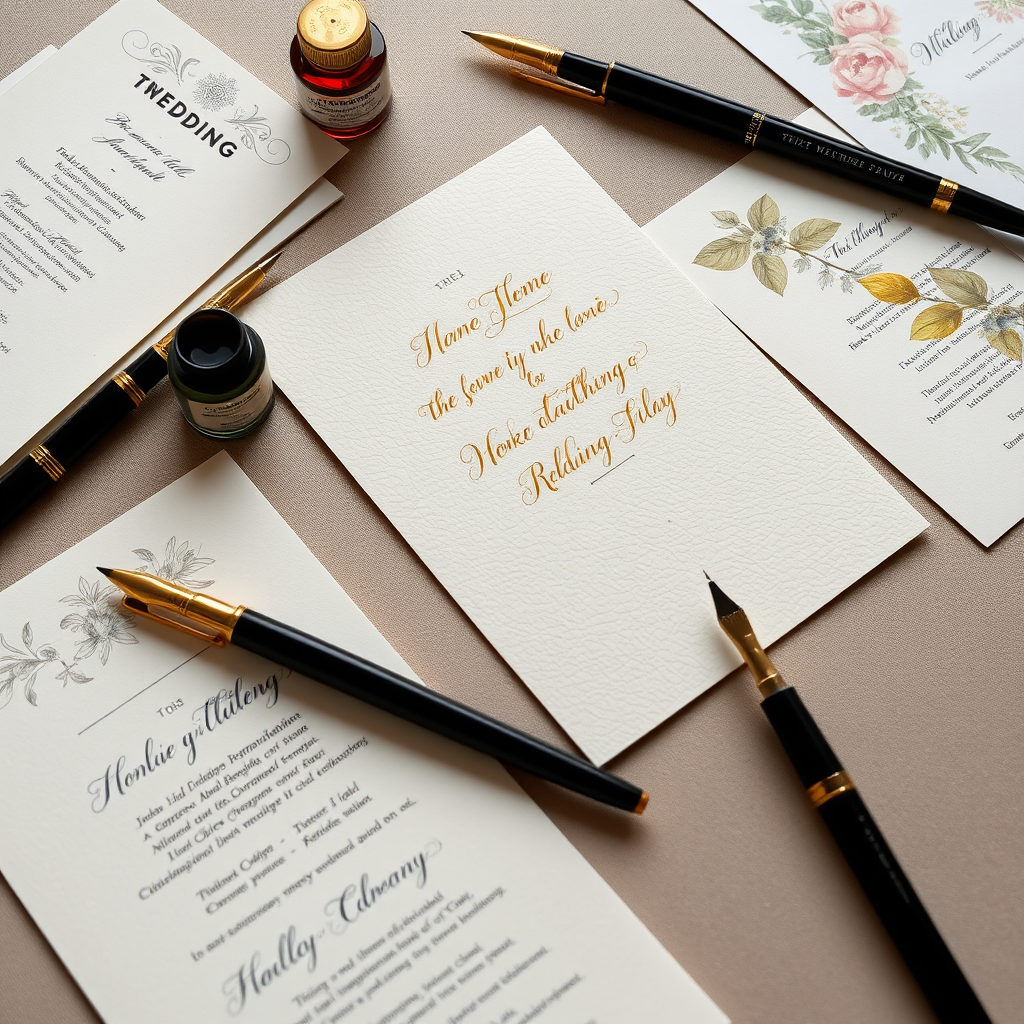 Mesa de trabajo con elementos de caligrafía decorativa: plumas estilográficas, tintas doradas, invitaciones de boda elegantes con lettering artístico, menús manuscritos y decoraciones florales sobre papel texturizado