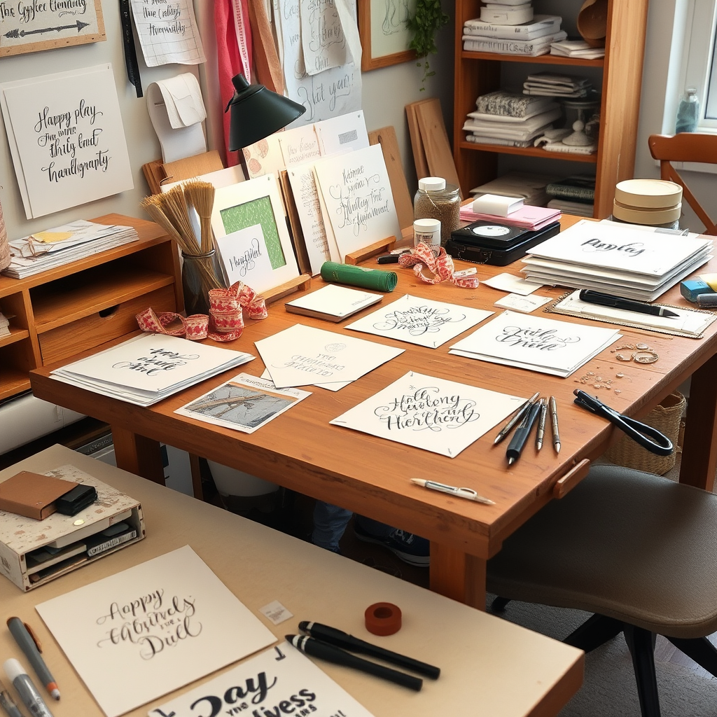 Mesa de trabajo artesanal con tarjetas hechas a mano decoradas con caligrafía moderna, materiales de scrapbooking, cintas decorativas, plantillas de diseño, y herramientas de caligrafía contemporánea en un espacio creativo hogareño