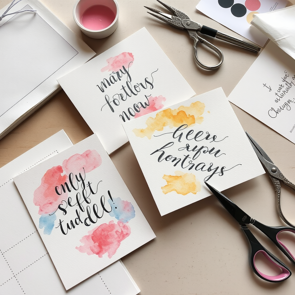 Tarjetas hechas a mano con caligrafía moderna, decoradas con acuarelas suaves, plantillas de diseño, tijeras decorativas y materiales de artesanía sobre mesa de trabajo