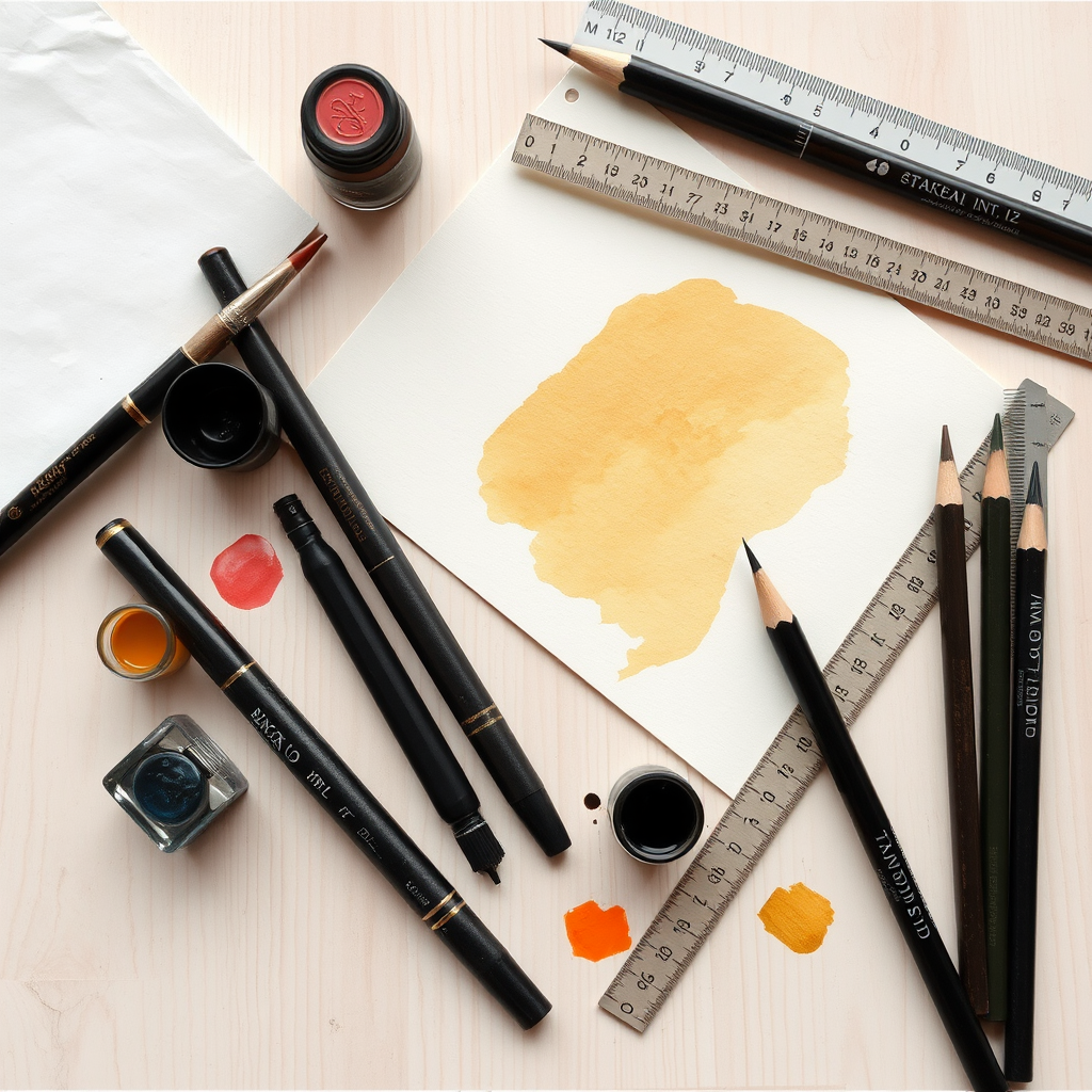 Colección de materiales de caligrafía incluyendo plumas brush pen, tintas de diferentes colores, papel de acuarela, reglas y lápices sobre una superficie de madera clara