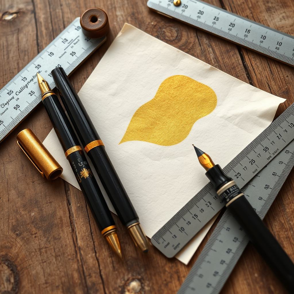 Colección de plumas caligráficas, tintas de colores dorados y plateados, papel texturizado y reglas de caligrafía organizados sobre una superficie de madera vintage