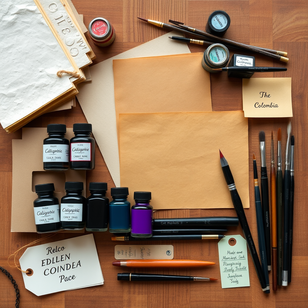Colección organizada de materiales de caligrafía incluyendo diferentes tipos de papel texturizado, frascos de tinta de varios colores, plumas caligráficas de diferentes tamaños, pinceles, y etiquetas de precios colombianos, todo dispuesto estéticamente sobre una superficie de madera