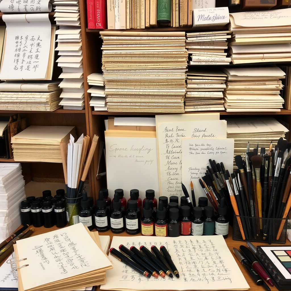 Variedad de papeles especiales para caligrafía, frascos de tinta de diferentes colores, plumas estilográficas, pinceles y herramientas organizadas en una tienda de arte en Colombia