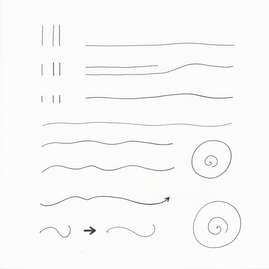 Hoja de práctica mostrando trazos básicos de caligrafía: líneas verticales, horizontales, curvas ascendentes y descendentes, óvalos y espirales, con flechas indicando la dirección del movimiento
