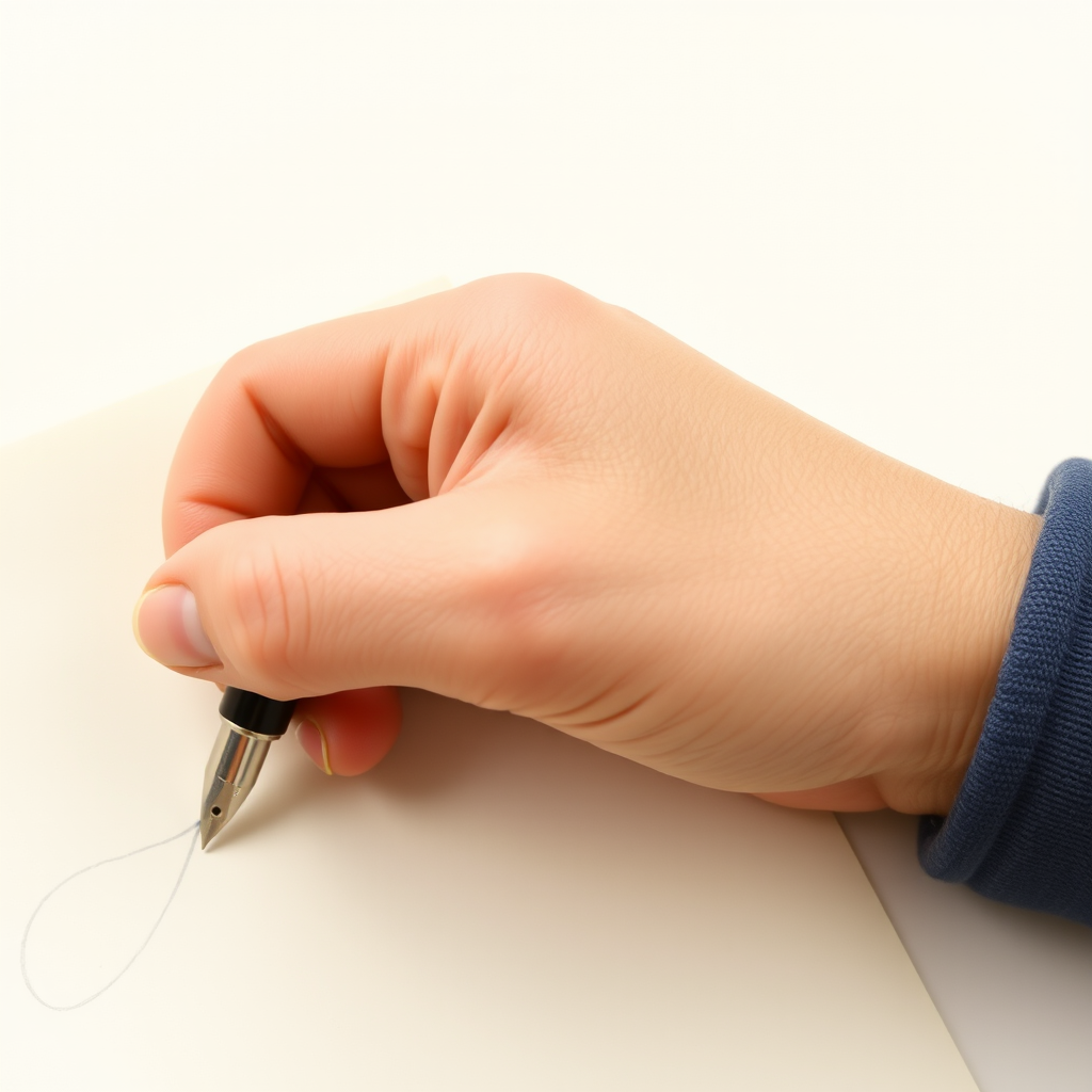 Detalle de mano escribiendo con pluma estilográfica sobre papel cremoso, mostrando la técnica correcta de sujeción y ángulo de escritura para caligrafía decorativa