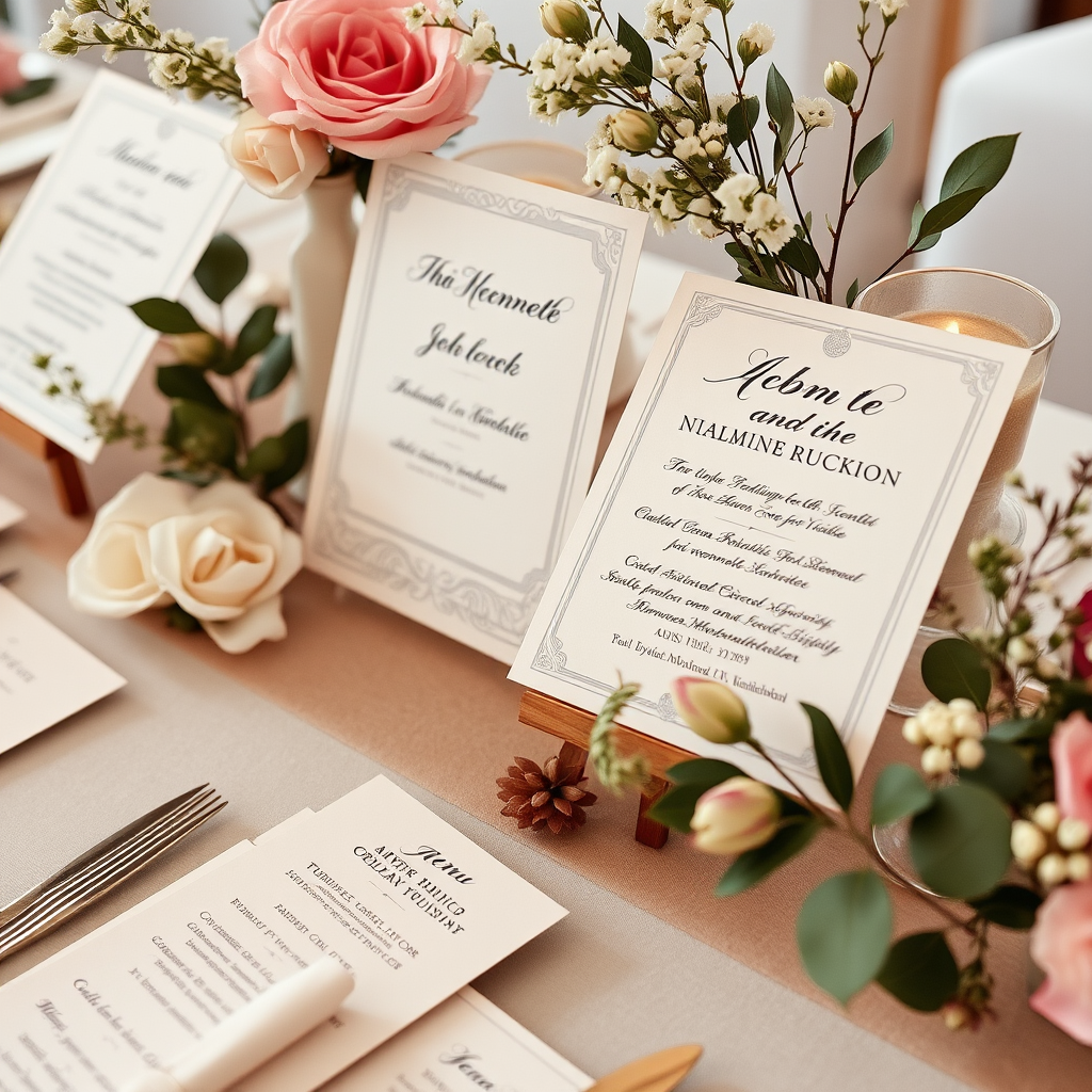 Invitaciones de boda elegantes con caligrafía decorativa, menús escritos a mano, decoraciones para eventos con lettering artístico y flores naturales en ambiente festivo