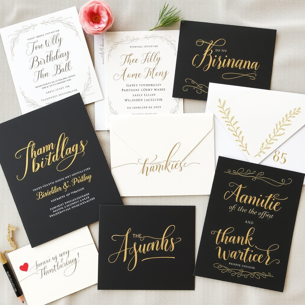Colección de tarjetas artesanales terminadas con diferentes estilos de caligrafía moderna, incluyendo invitaciones de boda, tarjetas de cumpleaños y notas de agradecimiento con flourishes dorados y elementos decorativos
