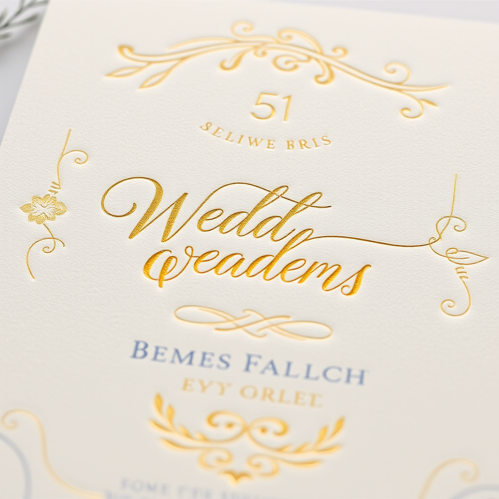 Invitación de boda elegante con caligrafía dorada sobre papel cremoso, decorada con flourishes delicados, motivos florales sutiles y detalles en relieve