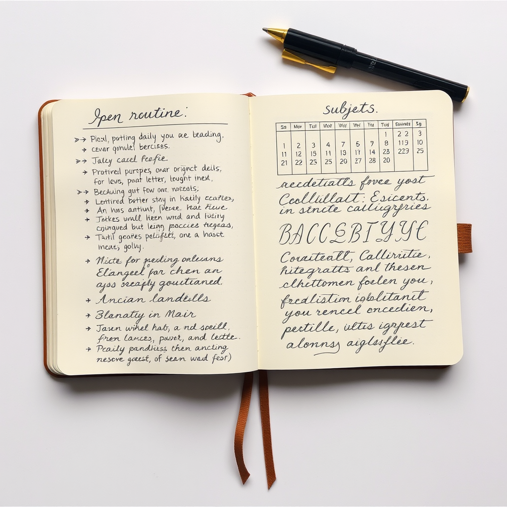 Cuaderno de práctica abierto con ejercicios de caligrafía progresivos, calendario de rutina diaria, diferentes estilos de letras y proyectos creativos en progreso