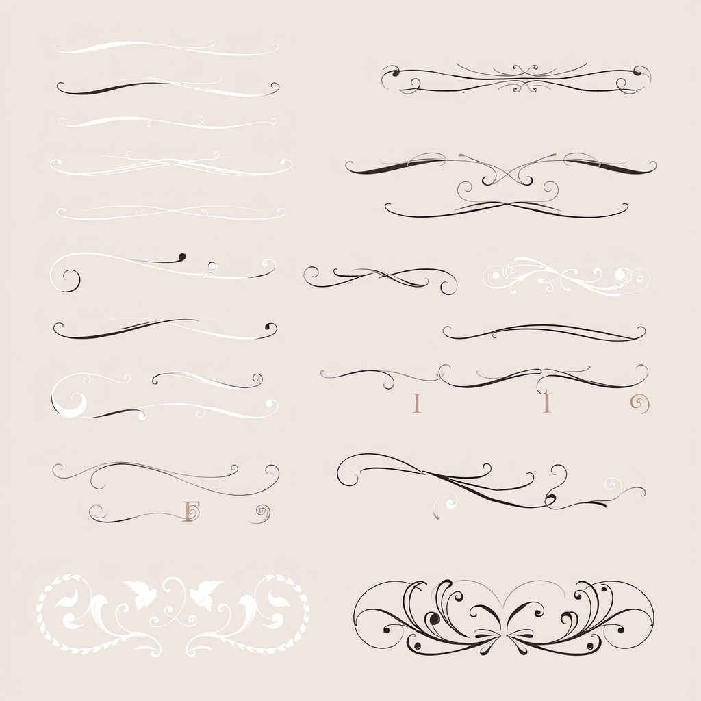 Ejemplos detallados de diferentes tipos de flourishes y ornamentos caligráficos, mostrando trazos decorativos, espirales elegantes y elementos florales estilizados