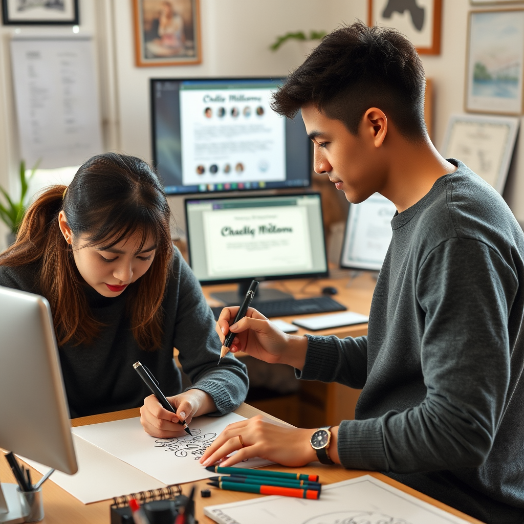 Estudiantes practicando caligrafía en casa con materiales profesionales, computadora mostrando lecciones online y certificados de cursos completados